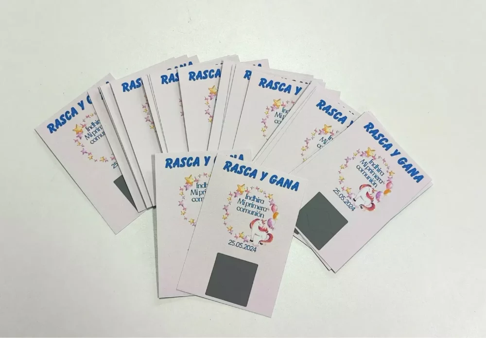 Tarjeta Rasca y Gana para primera Comunión
