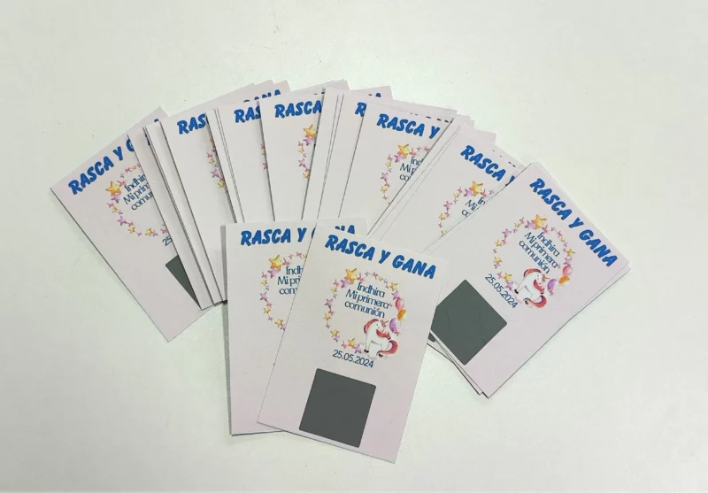 Tarjeta Rasca y Gana para primera Comunión
