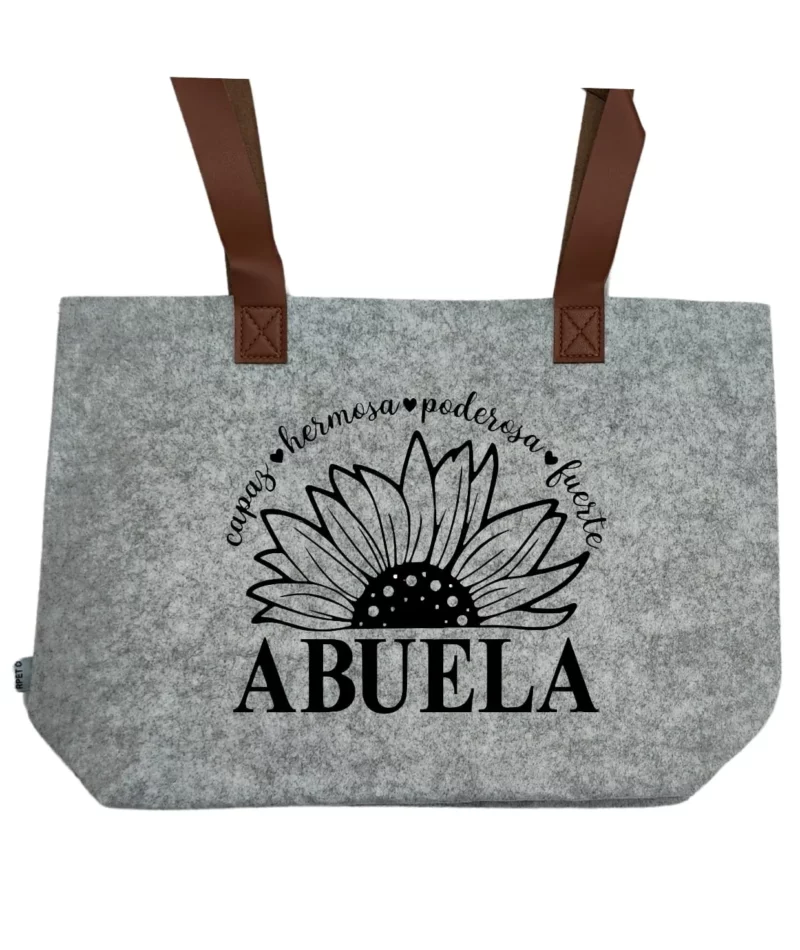 Bolso de fieltro gris para abuela con diseño de girasol y frase "capaz hermosa poderosa fuerte"