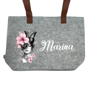 Bolso de fieltro RPET gris personalizado con diseño "Ensueño Floral" y nombre Marina como ejemplo