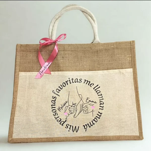 Bolso de yute personalizado para mamá con nombres de hijos