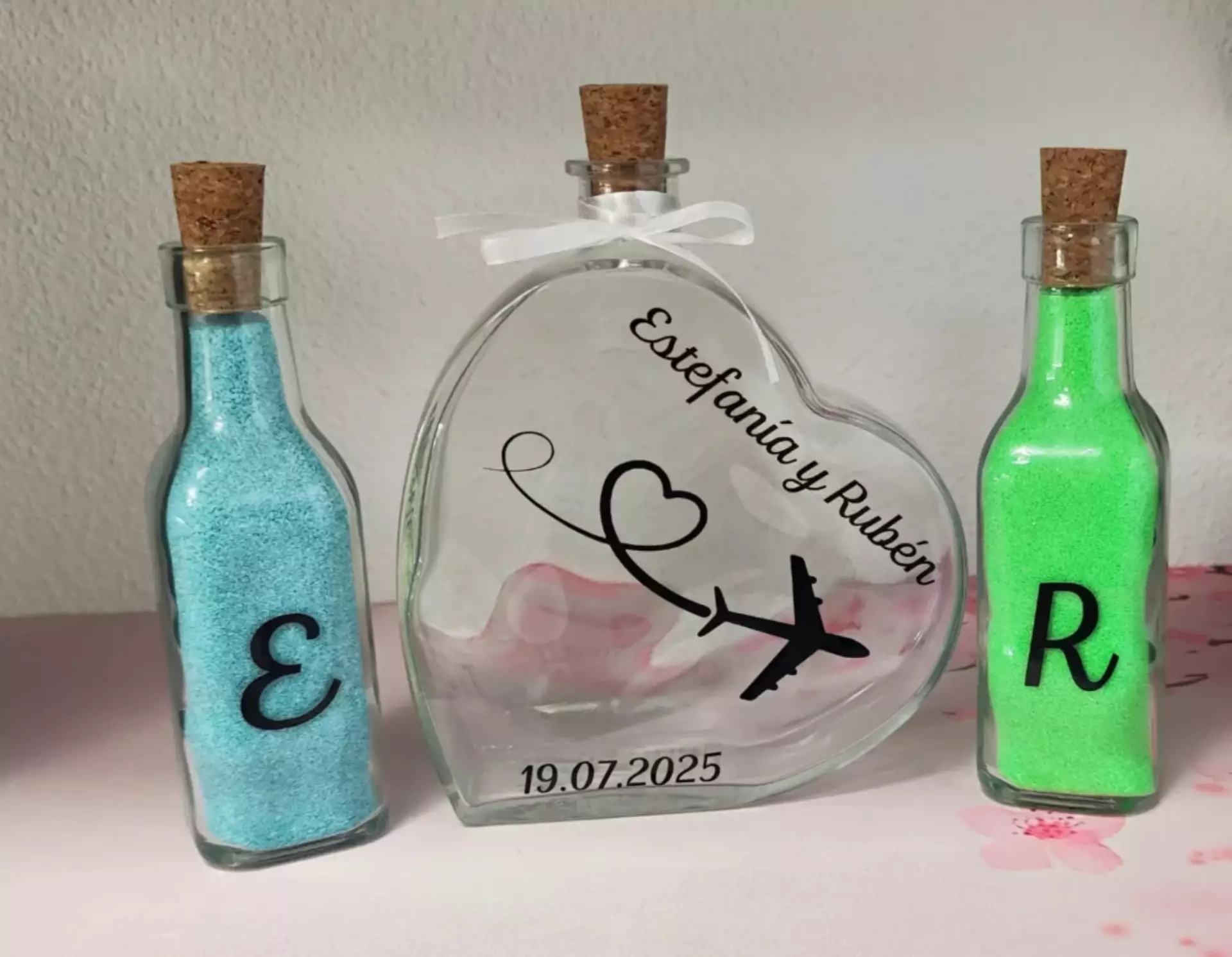 set ceremonia arena personalizado botella corazon nombres fecha avion