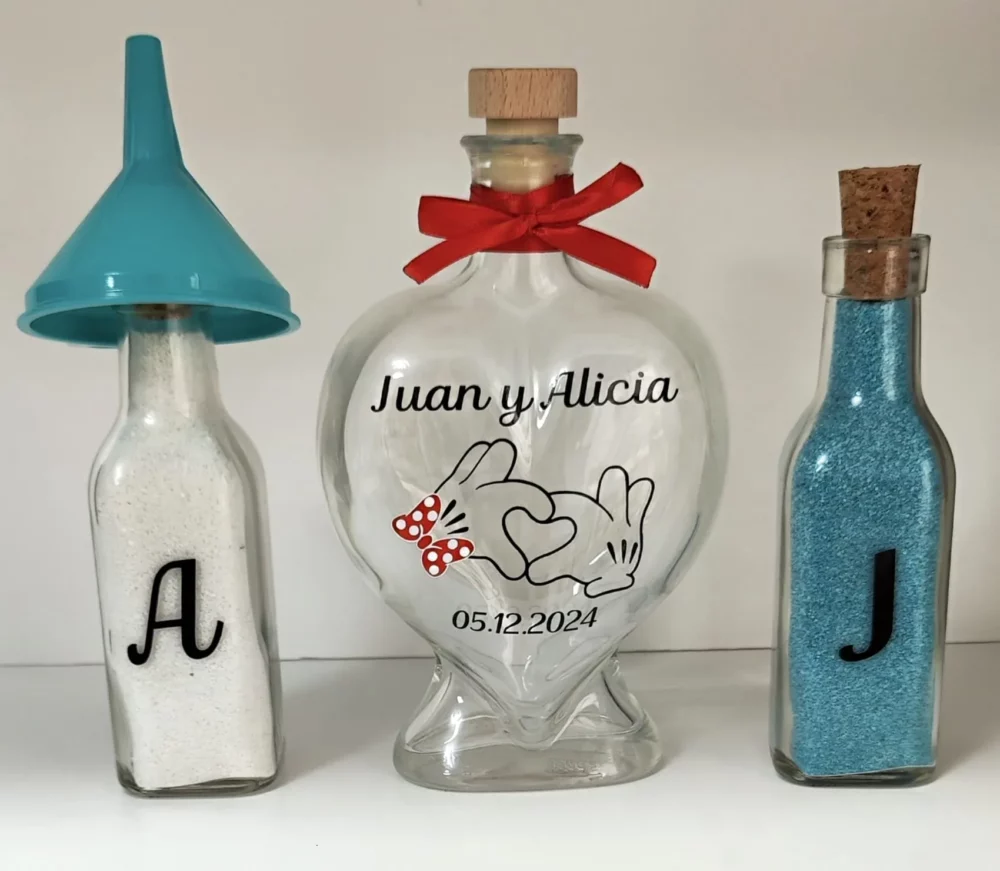 set ceremonia arena personalizado botella corazon nombres fecha mickey minnie