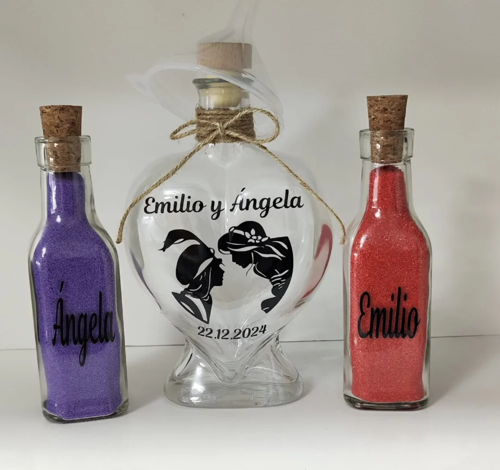 set ceremonia arena personalizado botella corazon nombres fecha silueta